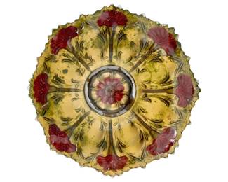 84 - Vtg Goofus Glass Serving Platter Red & Gold (Description): Vintage Goofus glass serving platter featuring red and gold painted decoration. Measures 11 inches in diameter.