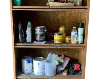 399 - Metal Shelf w/ Contents 78"x36"x19" (Description): Metal shelf with contents included. The shelf measures 78 inches tall by 36 inches wide by 19 inches deep. Contents include assorted automotive supplies, paints, stains, polyurethane, motor oil, and various workshop materials.