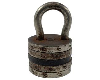 622 - Combination Padlock w/Combo 2"x1.5" (Description): Combination padlock with combo included. Marked Germany on the shackle. Features rotating number wheels for the combination mechanism. Measures 2 inches by 1.5 inches.