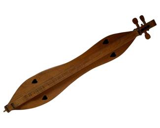 40 - Wooden Appalachian Dulcimer 3"x33"x6" (Description): Wooden Appalachian dulcimer featuring a traditional hourglass body shape with heart-shaped sound holes. The instrument has four tuning pegs at the scroll headstock and a fretted fingerboard running the length of the body. Crafted from warm-toned wood with a natural finish. Measures 3"x33"x6".