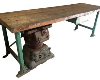 462 - Wood & Metal Power Work Table 38"x48"x29" (Description): A wood and metal power work table featuring a wooden top mounted on industrial metal legs. The table measures 38 inches by 48 inches by 29 inches in height.
