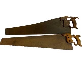 1066 - 2pc. Lot Antique Saws 34" (Description): A lot of two antique hand saws with wooden handles. Each saw measures 34 inches long.