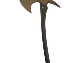 474 - Antique Fireman's Parade Axe 23.5"x13.5" (Description): Antique fireman's parade axe featuring a decorative brass head with a curved blade and pointed back spike, mounted on a wooden handle. This ceremonial axe was traditionally carried in firefighter parades and processions. Measures 23 1/2" x 13.5".
