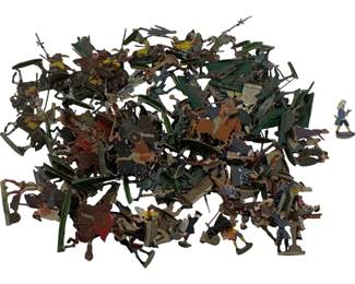 1156 - Lot Antique Painted Metal Flat Toy Soldiers (Description): A collection of antique painted metal flat toy soldiers and figures. This lot includes various military figures depicting soldiers, cavalry on horseback, and other characters, all rendered in the traditional flat tin soldier style. The figures feature hand-painted details in various colors including green, red, brown, and flesh tones. Figures measure approximately 2 inches.