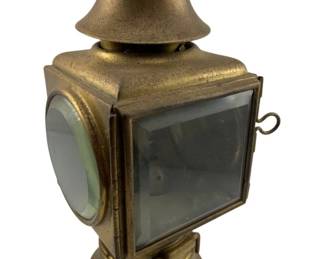 713 - Antique Automobile Side Lamp Brass (Description): Antique brass automobile side lamp. This classic automotive accessory features glass panels and a traditional lantern design typical of early motor vehicles. Measures 11 1/2" x 6" x 5". Used as is electric/electronic/mechanical item. No guarantee all components, untested.
