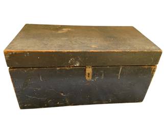 813 - Vintage Theodolite Case 18"x8"x8" (Description): Vintage theodolite storage case featuring a hinged lid with metal clasp closure. The wooden box shows aged patina with wear consistent with use and age. Measures 18 inches by 8 inches by 8 inches.