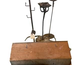 1158 - Lot Antique Items w/ Wood Box & Iron Stands (Description): A lot of antique items including a wooden storage box with lid, wrought iron display stands and candle holders, a wooden block with drilled holes, and assorted vintage metal hardware and decorative pieces. The collection features rustic, utilitarian items suitable for display or repurposing.