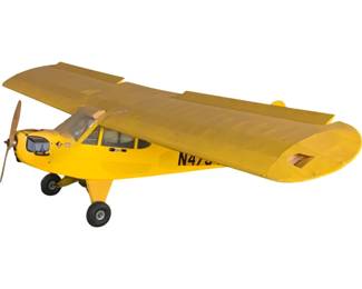 1107 - Gas Powered Model Plane 14.5"x50"x6" (Description): Gas powered model airplane in classic yellow Piper Cub style with registration number N479. This vintage-style aircraft model features a wooden propeller, fixed landing gear with rubber tires, and a detailed cockpit with clear canopy. The plane displays the characteristic high-wing design of the Piper J-3 Cub. Measures 14 1/2" x 50" x 6". Sold as is.