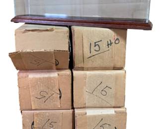 439 - Group Lot of 6 Display Cases for Trains (Description): Group lot of six display cases designed for trains. Each case features a clear glass or acrylic cover mounted on a wooden base. Measurements: 4.5" x 116" x 3.5".