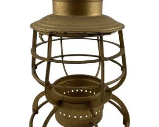 796 - Vtg Painted Railroad Lantern Frame 10"x7" (Description): Vintage painted railroad lantern with wire cage frame construction. The lantern features a domed ventilated top and perforated base typical of railroad signal lanterns. Measures 10 inches by 7 inches. No glass