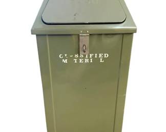 798 - Metal Trash Can 41"x17"x17" (Description): Metal trash can in olive green finish with push-style hinged lid and front latch closure. Measures 41 inches tall by 17 inches wide by 17 inches deep.