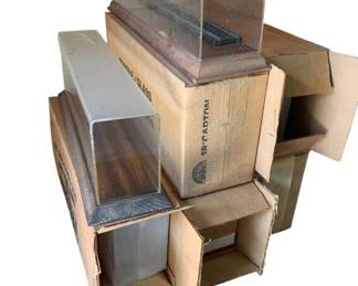 463 - Group Lot of Train Display Cases 7 Total (Description): Group lot of seven train display cases. Each case features a clear acrylic cover over a wood-toned base with track detail, suitable for showcasing model trains. Measures 7.5" x 21" x 5.5".