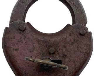 616 - S Andrews 1856 Padlock w/Key 2.5"x2" (Description): S Andrews 1856 padlock with key. The lock measures 2 1/2" x 2".