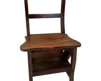 73 - Wooden Convertible Library Ladder Chair (Description): Folding chair stool crafted from dark-stained wood. This versatile piece features a ladder-back design with two horizontal slats, a contoured seat, and a lower shelf. The chair converts to a step stool. Measures 35"x17"x14".