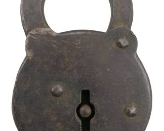 684 - Vintage Cast Iron Padlock w/o Key 3"x2" (Description): Vintage cast iron padlock without key. Measures 3 inches by 2 inches.