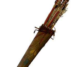 43 - Native American Style Quiver w/ Arrows 29.5" (Description): Native American style painted rawhide quiver with arrows. The quiver features hand-painted polychrome decorations including geometric designs, feathers, and symbolic motifs in yellow, red, green, and blue pigments. Includes multiple wooden arrows with feathered fletching in natural and striped patterns. The quiver is bound with leather ties and has a decorative beaded bottom edge. Measures 29 1/2" x 4".