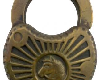 674 - Vintage Brass Horse Padlock w/o Key (Description): Vintage brass padlock featuring a decorative horse head design on the front. This padlock does not include a key. Measures 2 1/2 inches by 1.75 inches.