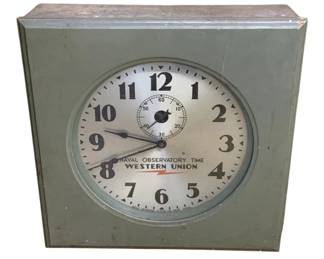 783 - Western Union Naval Observatory Time Clock (Description): Western Union Naval Observatory Time clock. This self-winding clock features a metal case with a round dial displaying Arabic numerals and a subsidiary seconds dial. Measures 21 1/2 inches by 21 inches by 6 inches. Used as is electric/electronic/mechanical item. No guarantee all components, untested.