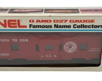840 - Lionel Southern Box Car O Scale in Box (Description): Lionel Southern box car in O scale, part of the Famous Name Collectors Series for O and 027 gauge. The red caboose-style car features "Southern" lettering and is marked with number X9259 and L.C.C.A. designation. Comes in original Lionel packaging showing Union Pacific, Burlington Northern, and Southern Pacific railroad logos.