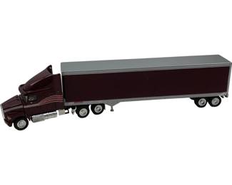 1181 - Freightliner/Volvo Semi-Truck Employee Award (Description): Freightliner/Volvo semi-truck employee award model featuring a burgundy cab with silver pinstripe detailing and matching burgundy trailer with silver trim and roof. This detailed diecast model includes realistic chrome exhaust stacks, grille, and wheel hubs. Measures 15 inches in length.