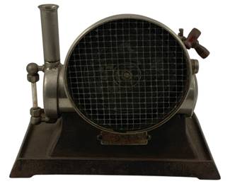 935 - Empire Steam Engine Heater 9"x9"x5.5" (Description): Empire steam engine heater featuring a cylindrical drum design with a mesh front guard and mounted on a sturdy base. The unit includes a smokestack and side valve handle. A brass identification plate is affixed to the base. This vintage piece displays industrial styling typical of early 20th century steam-powered accessories. Measures 9 inches by 9 inches by 5.5 inches. Used as is electric/electronic/mechanical