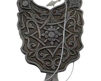 627 - Miller Lock Co. Padlock w/Key 3.25"x2" (Description): Miller Lock Co. padlock with key. The lock features ornate decorative scrollwork and floral patterns on the face. Measures 3 1/4" x 2".