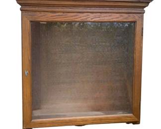 416 - Wooden Hanging Display Case w/ Shelves (Description): Wooden hanging display case with shelves. This cabinet features a glass front door with lock and a crown molding top. Measures 34 inches by 32 inches by 7 inches.