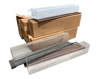 424 - Group Lot of 8 Train Display Cases w/ Track (Description): Group lot of eight train display cases, some with track included. Cases measure 7 x 39 x 8 inches.