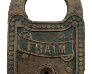 658 - Fraim Padlock w/o Key 3"x2" (Description): Fraim padlock without key. The lock features the Fraim name embossed on the front. Measures 3 inches by 2 inches.