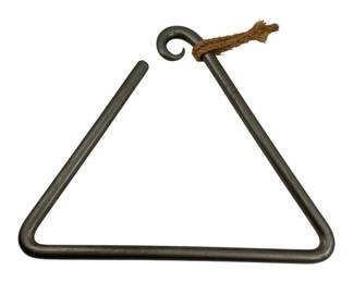 719 - Hand Forged Steel Dinner Triangle 12"x13.5" (Description): Hand forged steel dinner triangle with traditional design and rope hanger at the top. Measures 12" x 13.5".