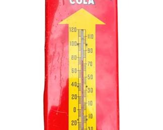 414 - Royal Crown Cola Thermometer 25.5"x9.5" (Description): Vintage Royal Crown Cola advertising thermometer featuring the classic red and yellow color scheme. The metal sign displays "Drink Royal Crown Cola" at the top with "Best By Taste-Test" at the bottom. A large yellow arrow design frames the glass thermometer, which shows both Fahrenheit and Celsius scales. The piece shows authentic age-related wear consistent with its vintage origins. Measures 25.5" x 9.5".