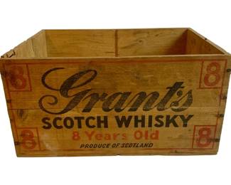 1071 - Grant's Scotch Whiskey Wood Crate 9"x12"x17" (Description): Grant's Scotch Whiskey wood crate, featuring the classic branding for the 8 Years Old Scotch Whisky, Produce of Scotland. This vintage wooden shipping crate displays the distinctive Grant's logo and red accents. Measures 9" x 12" x 17".