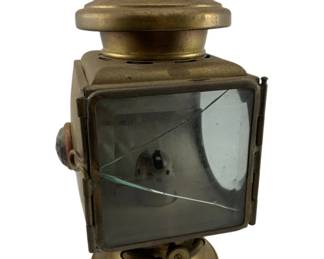 714 - Antique Brass Automobile Side Lamp (Description): Antique brass automobile side lamp featuring original glass panel, which has a crack. Measures 10 1/2" x 6 1/2" x 5". Used as is electric/electronic/mechanical item. No guarantee all components, untested.