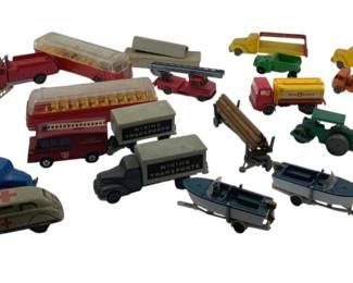 346 - Group Lot of Vintage Toy Vehicles 1"x4"x1.5" (Description): Group lot of vintage toy vehicles featuring an assortment of miniature cars, trucks, buses, tractors, and specialty vehicles. The collection includes a fire ladder truck, double-decker bus, ambulance, tractor, trailer trucks marked "Wiking Transporte" and "Kulwagen," and various other transportation models. Measurements: 1" x 4" x 1.5".