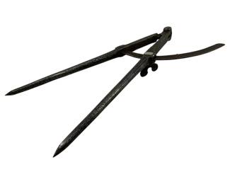 703 - Antique Hand Forged Divider 15"x6" (Description): Antique hand forged divider featuring traditional blacksmith construction with two pointed legs and an adjustable arc mechanism. This utilitarian tool showcases the craftsmanship of early metalworking. Measures 15 inches by 6 inches.
