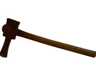 1052 - Antique Axe Tool 20.5"x9"x9.5" (Description): Antique axe tool featuring a wooden handle and iron head. Measures 20 1/2" x 9" x 9.5".