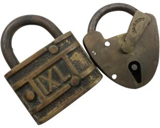 682 - Group of 2 Padlocks w/o Keys 1.5"x1.5" (Description): Group of two vintage brass padlocks without keys. One features a rectangular body with raised "IXL" lettering, while the other has a rounded heart-shaped design. Each measures 1 1/2" x 1.5".