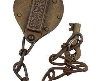 693 - Brass Antique Padlock with Key 2.75"x2" (Description): Brass antique padlock without key. Measures 2 3/4 inches by 2 inches.