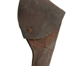 727 - Leather Gun Holster 9"x16" (Description): Leather gun holster featuring a flap closure with snap fastener. The holster shows aged patina consistent with vintage use. Measures 9 inches by 16 inches.