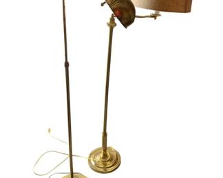 394 - Group of 2 Brass Lamps 56" (Description): Group of two brass lamps. One features a pharmacy-style adjustable arm design, while the other has a swing arm with fabric shade. Measures 56 inches in height. Used as is electric/electronic/mechanical item. No guarantee all components, untested.