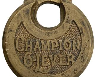 678 - Champion 6 Lever Padlock w/o Key 2.5"x2.25" (Description): Champion 6 Lever padlock without key. This vintage brass lock features the Champion 6 Lever branding embossed on the face with a textured decorative background. Measures 2 1/2" x 2.25".