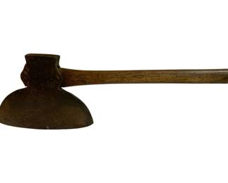 1055 - Antique Broad Axe 26.5"x9"x11" (Description): Antique axe featuring a broad curved iron head with a traditional design, mounted on a weathered wooden handle. The head shows a rich patina consistent with age and use. Measures 26 1/2" x 9" x 11".