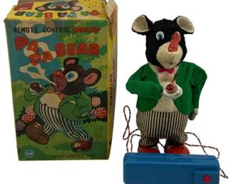 931 - SAN Smoking Papa Bear Remote Control Toy (Description): SAN Smoking Papa Bear remote control toy in original box. This vintage Japanese battery-operated toy features a plush bear dressed in a green jacket, red bow tie, and black and white striped pants, holding a lighted pipe. The bear stands on red shoes atop a blue battery compartment with attached remote control. Original colorful illustrated box reads "Remote Control Smoking Papa Bear With Lighted Pipe." Measures 8"