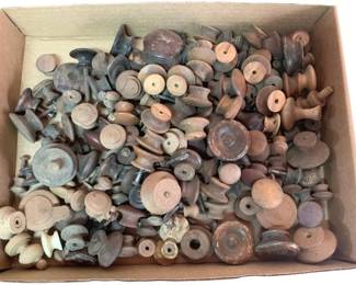 476 - Box Lot of Wood Drawer Knobs (Description): A box lot of wood drawer knobs in assorted styles and sizes. The collection includes various turned wooden knobs suitable for furniture hardware replacement or restoration projects.