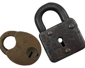 688 - Group of 2 Vtg Padlocks w/o Keys (Description): Group of two vintage padlocks without keys. The collection includes one brass heart-shaped padlock and one iron square-shaped padlock with riveted construction. Both display aged patina consistent with years of use. Measurements: 1.75" x 1.5".