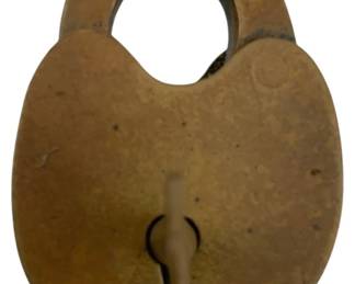 645 - T CAER & LYON N.J. Padlock w/Key 2"x1.5" (Description): Antique brass padlock marked T CAER & LYON N.J., complete with key. The padlock measures 2 inches by 1.5 inches.