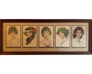 175 - Vtg Framed Five Lady Portraits Print Signed (Description): Vintage framed print featuring five portrait illustrations of fashionable young women in 1920s style. The ladies are depicted with bobbed hair and period-appropriate attire, including decorative hats with floral accents. The prints are individually matted with dark borders and arranged horizontally within a wooden frame. Signed by the artist in the lower right corner of the last portrait. Measures 16" x 43".