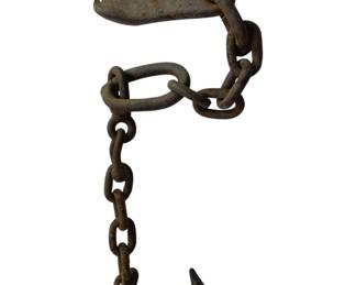 773 - Hand Forged Logging Chain 36" (Description): Hand forged logging chain featuring heavy-duty iron construction with dual hooks connected by sturdy chain links. Measures 36 inches in length.