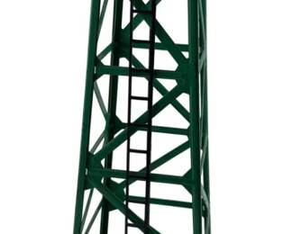 222 - Vintage Lionel 395 Flood Light Tower (Description): Vintage Lionel 395 Flood Light Tower. This classic model train accessory features a green painted metal lattice tower construction with a ladder and platform topped with four flood lights. Measures 11" x 5" x 5".