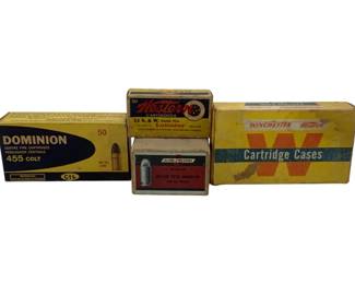 1010 - 4 Boxes Vtg Ammo .455 Colt 32 S&W & More (Description): A collection of four boxes of vintage ammunition. Includes .455 Colt and 32 S&W calibers among others. The boxes feature original period packaging from various manufacturers.